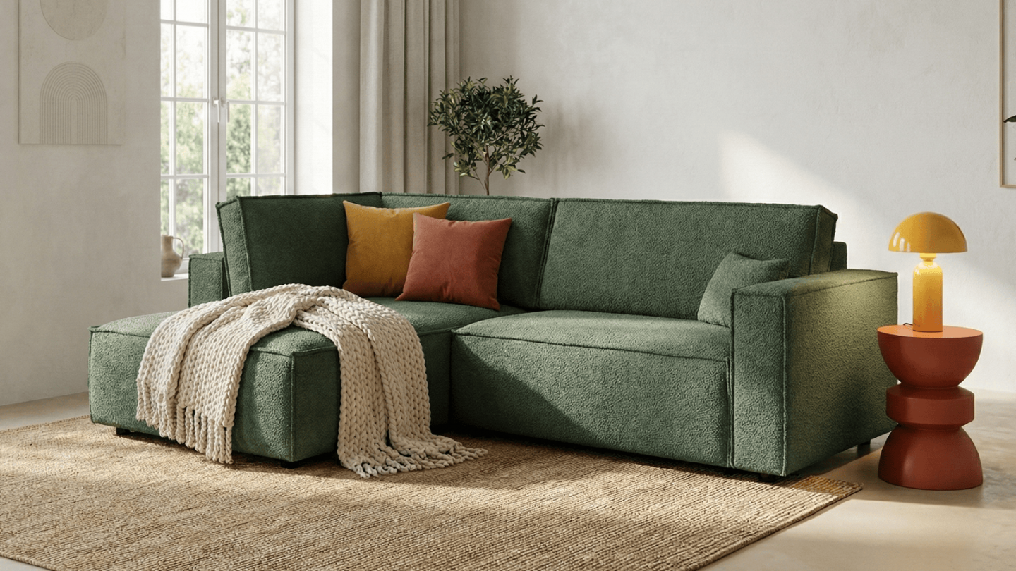 Canapé d'angle ouvert à droite convertible 3 places en tissu bouclé vert foncé - Emma Canapé d'angle ouvert à droite convertible 3 places en tissu bouclé vert foncé - Emma