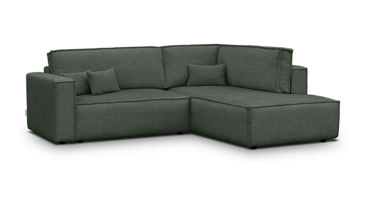 Canapé d'angle ouvert à droite convertible 3 places en tissu bouclé vert foncé - Emma Canapé d'angle ouvert à droite convertible 3 places en tissu bouclé vert foncé - Emma