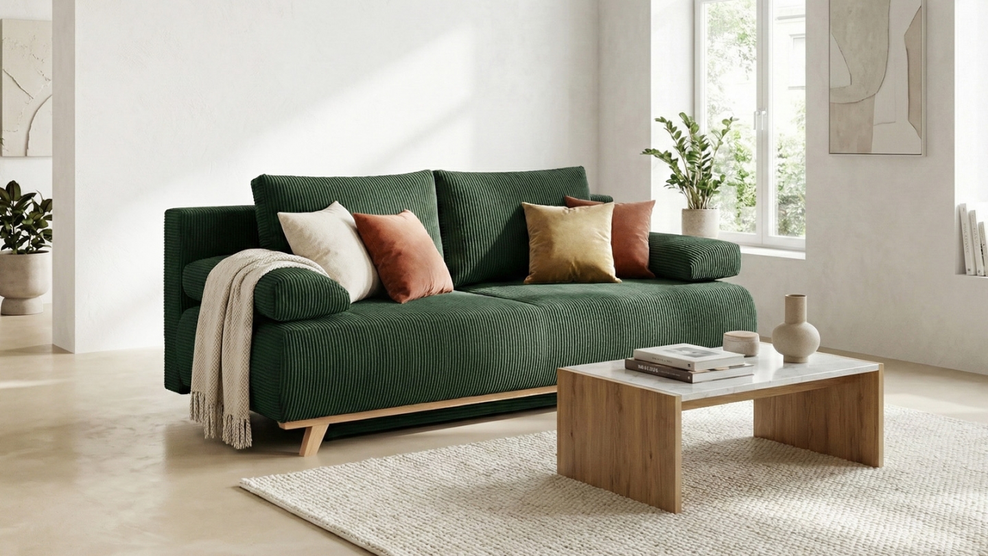 EN ARRET - Canapé convertible 3 places avec coffre de rangement en velours côtelé vert - Laria EN ARRET - Canapé convertible 3 places avec coffre de rangement en velours côtelé vert - Laria