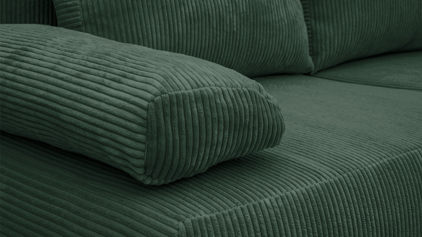 EN ARRET - Canapé convertible 3 places avec coffre de rangement en velours côtelé vert - Laria EN ARRET - Canapé convertible 3 places avec coffre de rangement en velours côtelé vert - Laria