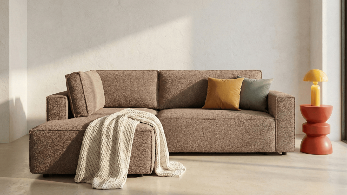 Canapé d'angle ouvert à gauche convertible 3 places en tissu bouclé rose poudré - Emma Canapé d'angle ouvert à gauche convertible 3 places en tissu bouclé rose poudré - Emma