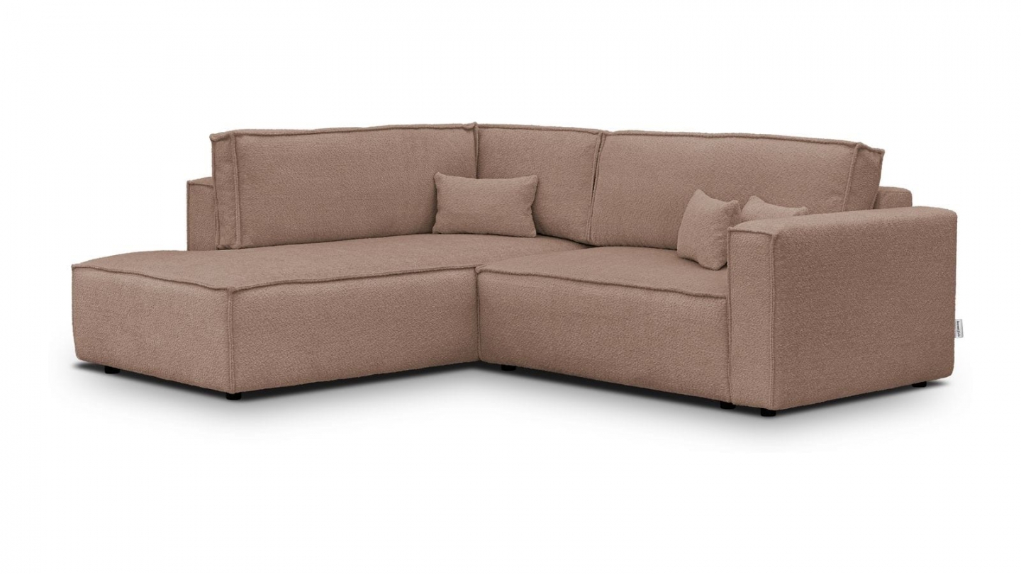 Canapé d'angle ouvert à gauche convertible 3 places en tissu bouclé rose poudré - Emma Canapé d'angle ouvert à gauche convertible 3 places en tissu bouclé rose poudré - Emma