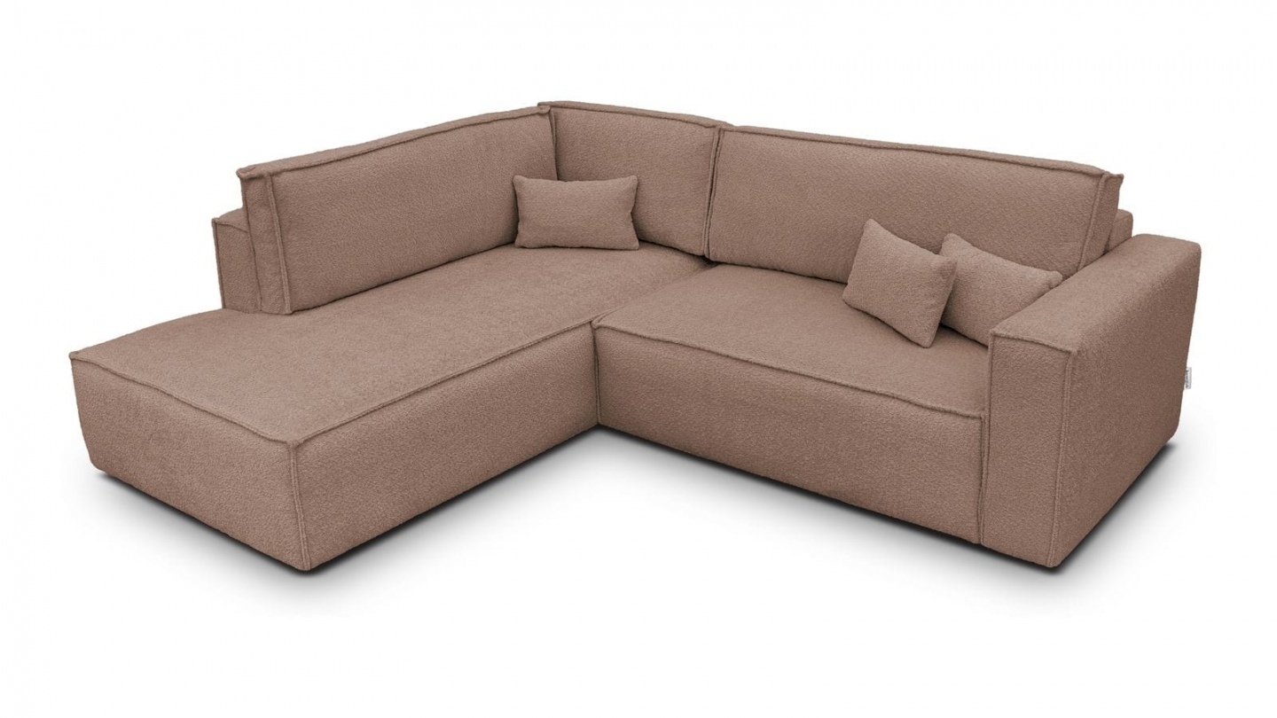 Canapé d'angle ouvert à gauche convertible 3 places en tissu bouclé rose poudré - Emma Canapé d'angle ouvert à gauche convertible 3 places en tissu bouclé rose poudré - Emma