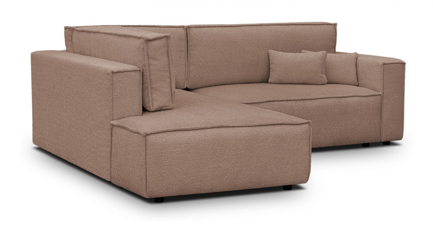 Canapé d'angle ouvert à gauche convertible 3 places en tissu bouclé rose poudré - Emma Canapé d'angle ouvert à gauche convertible 3 places en tissu bouclé rose poudré - Emma