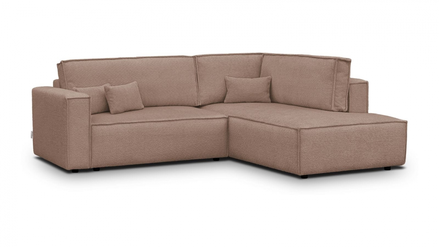 Canapé d'angle ouvert à droite convertible 3 places en tissu bouclé rose poudré - Emma Canapé d'angle ouvert à droite convertible 3 places en tissu bouclé rose poudré - Emma