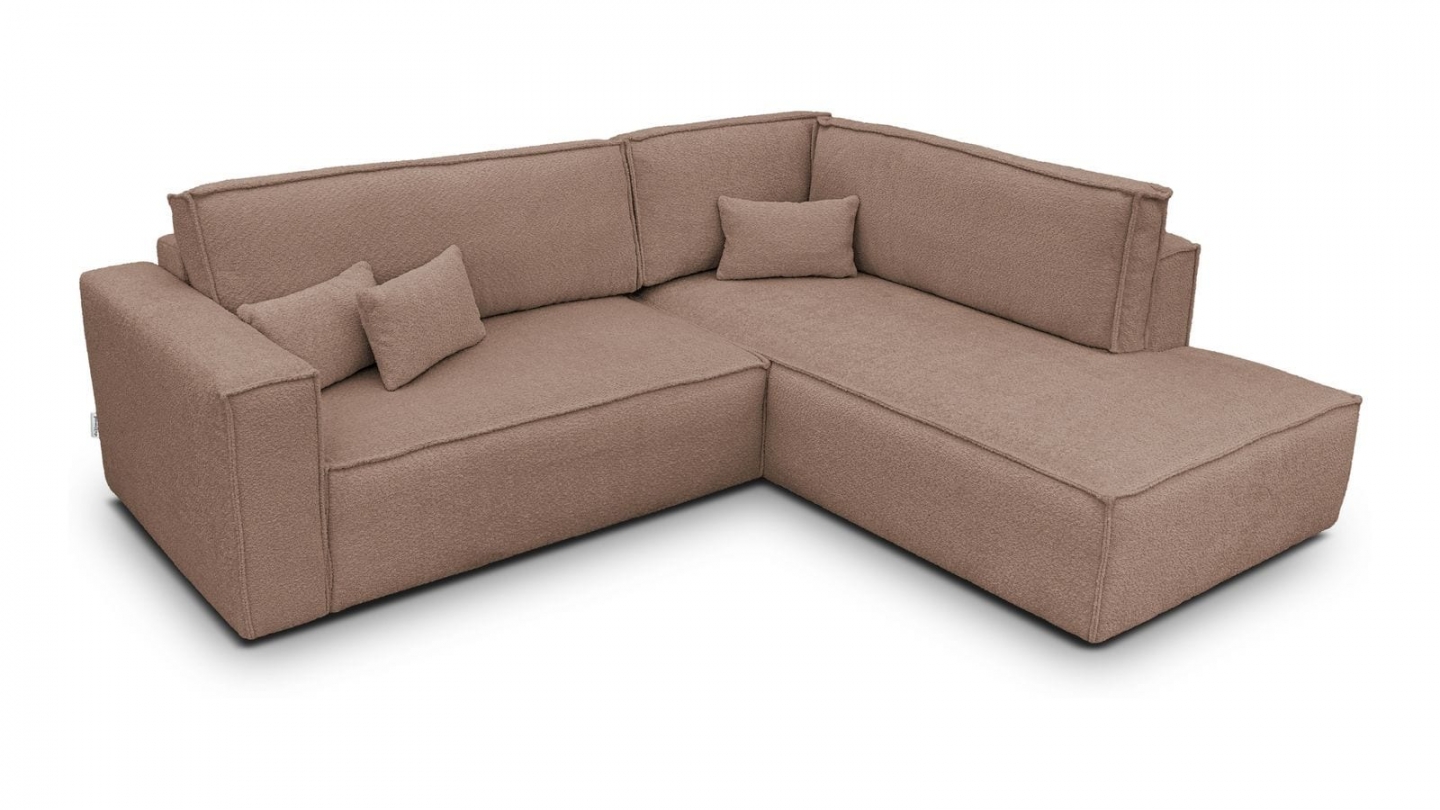 Canapé d'angle ouvert à droite convertible 3 places en tissu bouclé rose poudré - Emma Canapé d'angle ouvert à droite convertible 3 places en tissu bouclé rose poudré - Emma