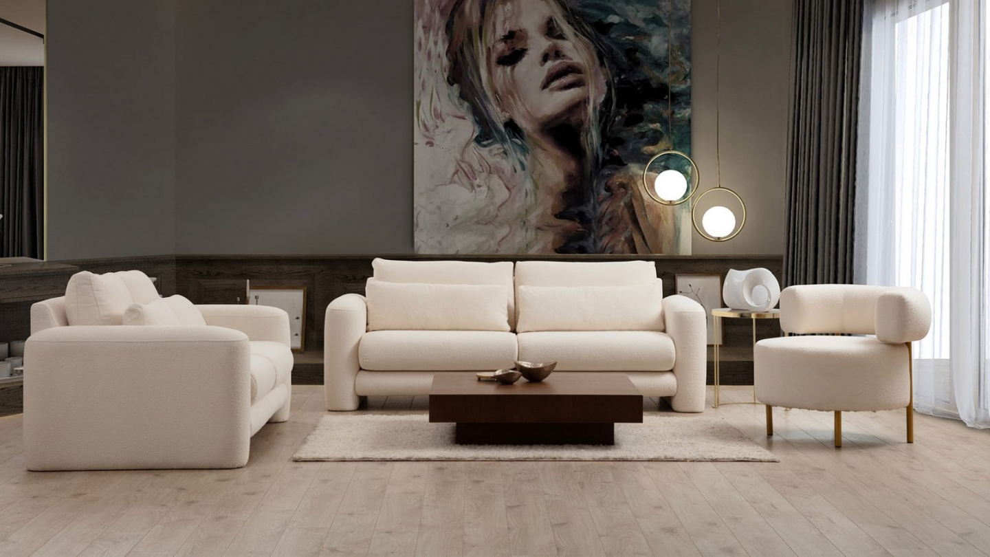 Canapé droit 2 places en tissu teddy beige - Amaya Canapé droit 2 places en tissu teddy beige - Amaya