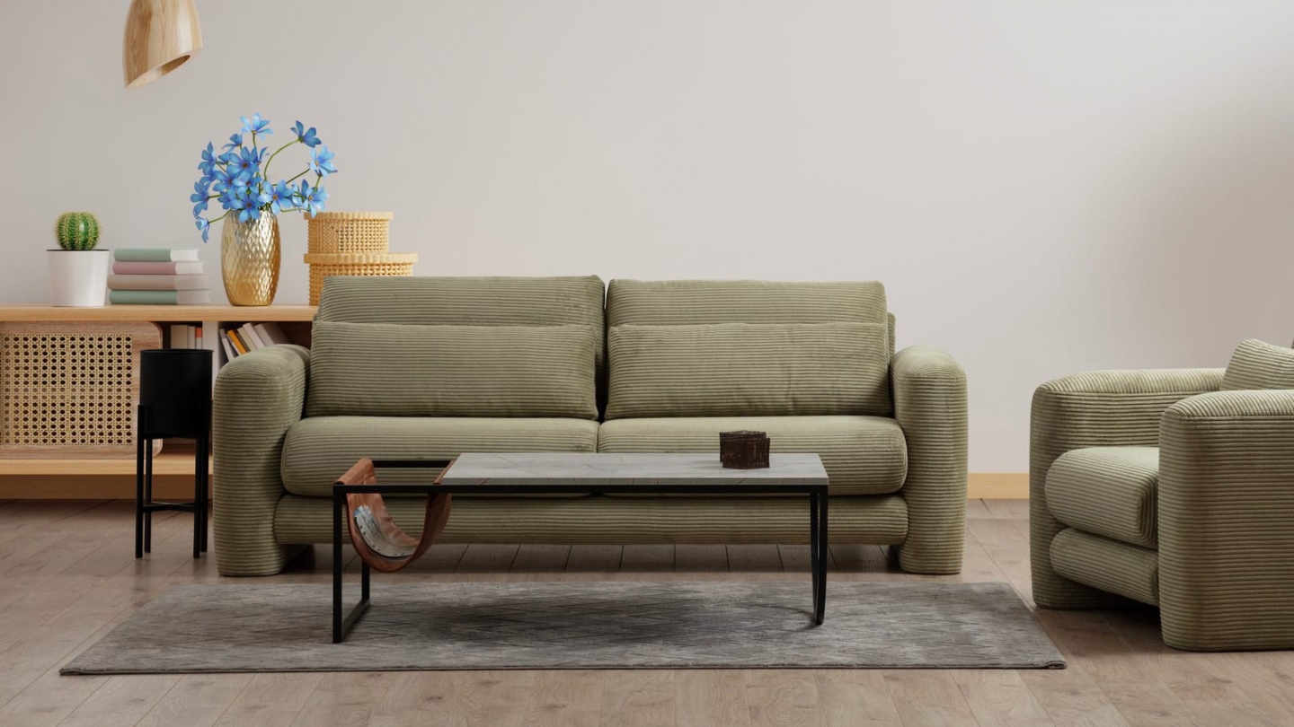 Canapé droit 2 places en velours côtelé vert kaki - Amaya Canapé droit 2 places en velours côtelé vert kaki - Amaya