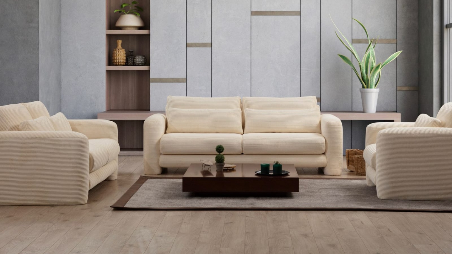 Canapé droit 3 places en velours côtelé beige - Amaya Canapé droit 3 places en velours côtelé beige - Amaya