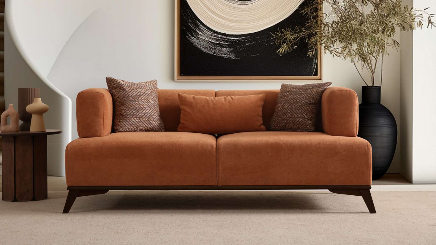 Canapé droit 2 places en tissu rouille, piètement noir - Tano Canapé droit 2 places en tissu rouille, piètement noir - Tano