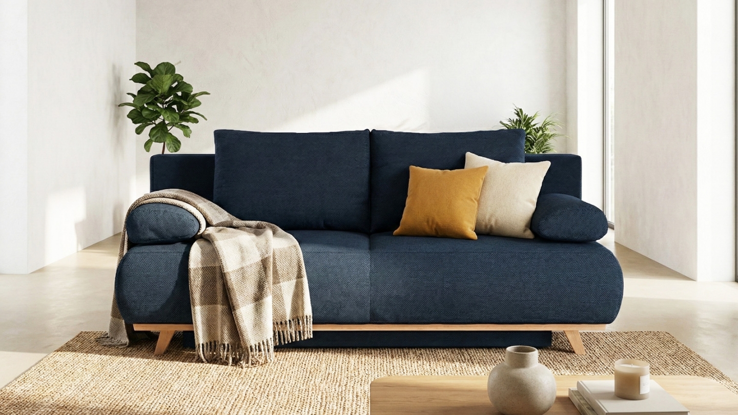 Canapé convertible 3 places avec coffre de rangement en tissu chenille bleu foncé - Laria Canapé convertible 3 places avec coffre de rangement en tissu chenille bleu foncé - Laria