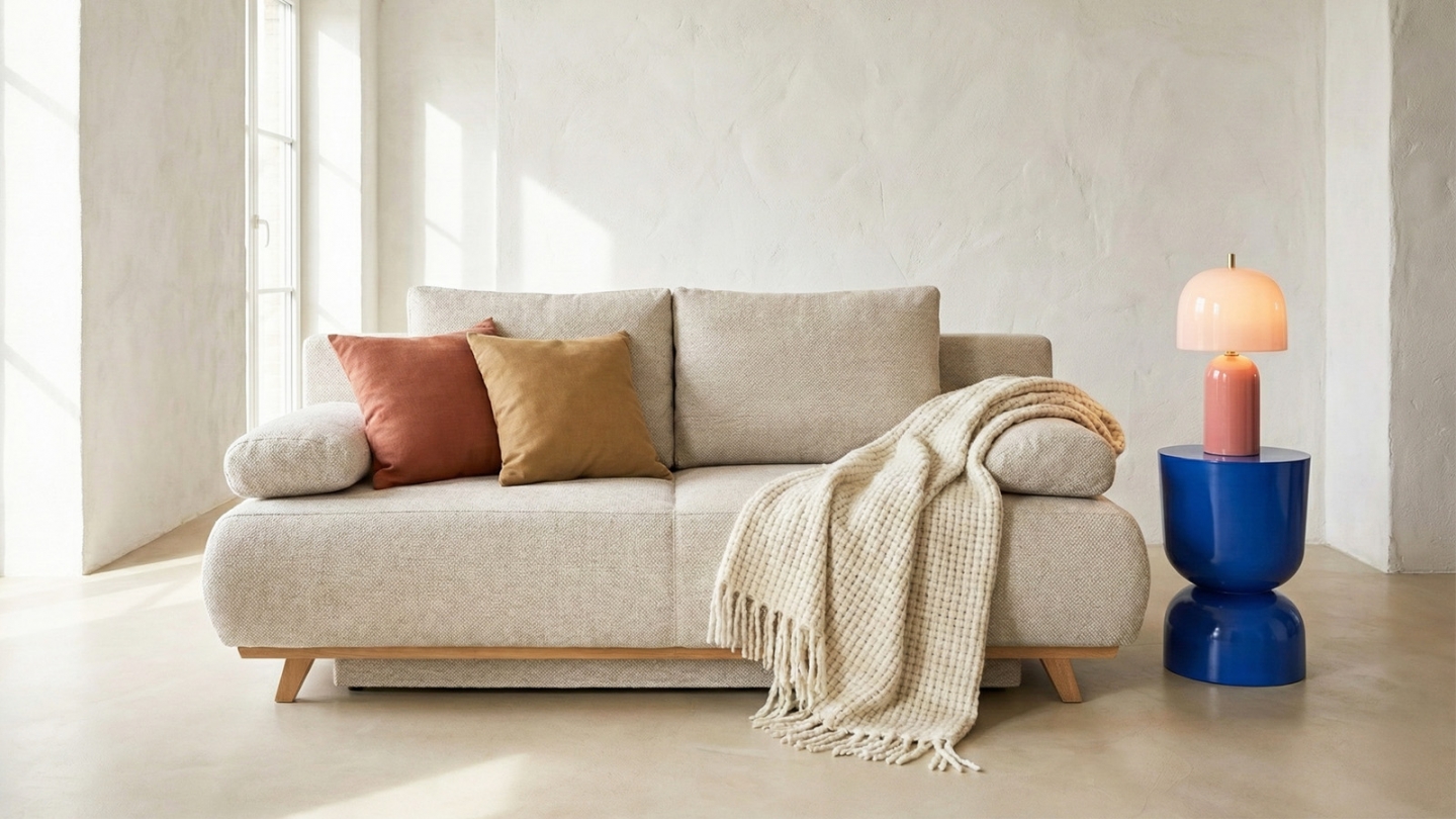 Canapé convertible 3 places avec coffre de rangement en tissu chenille taupe - Laria Canapé convertible 3 places avec coffre de rangement en tissu chenille taupe - Laria