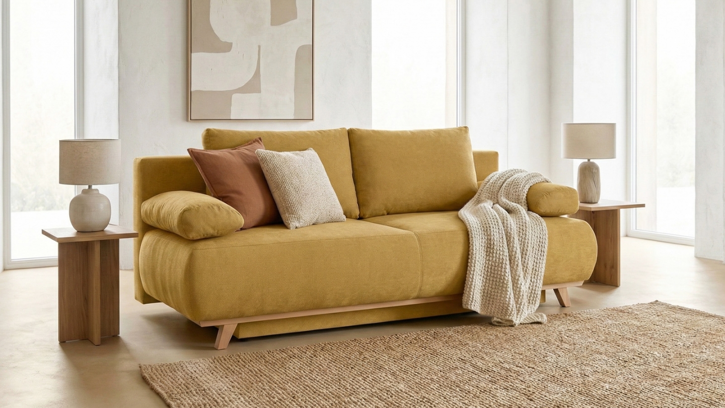 Canapé convertible 3 places avec coffre de rangement en tissu chenille jaune moutarde - Laria Canapé convertible 3 places avec coffre de rangement en tissu chenille jaune moutarde - Laria