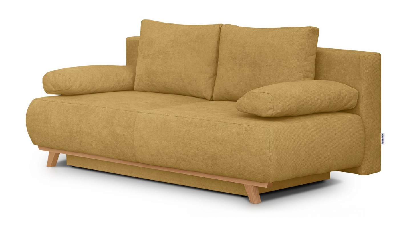 Canapé convertible 3 places avec coffre de rangement en tissu chenille jaune moutarde - Laria Canapé convertible 3 places avec coffre de rangement en tissu chenille jaune moutarde - Laria