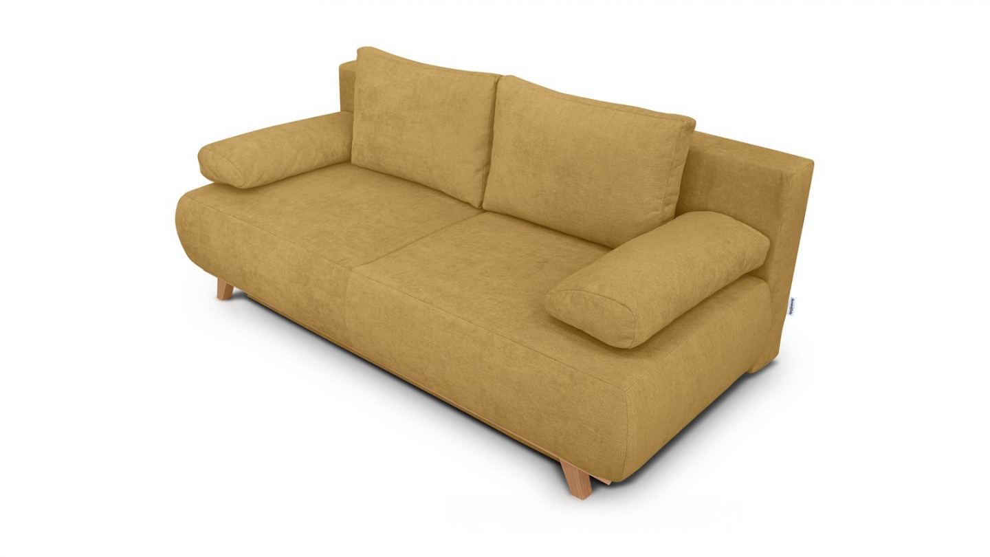 Canapé convertible 3 places avec coffre de rangement en tissu chenille jaune moutarde - Laria Canapé convertible 3 places avec coffre de rangement en tissu chenille jaune moutarde - Laria