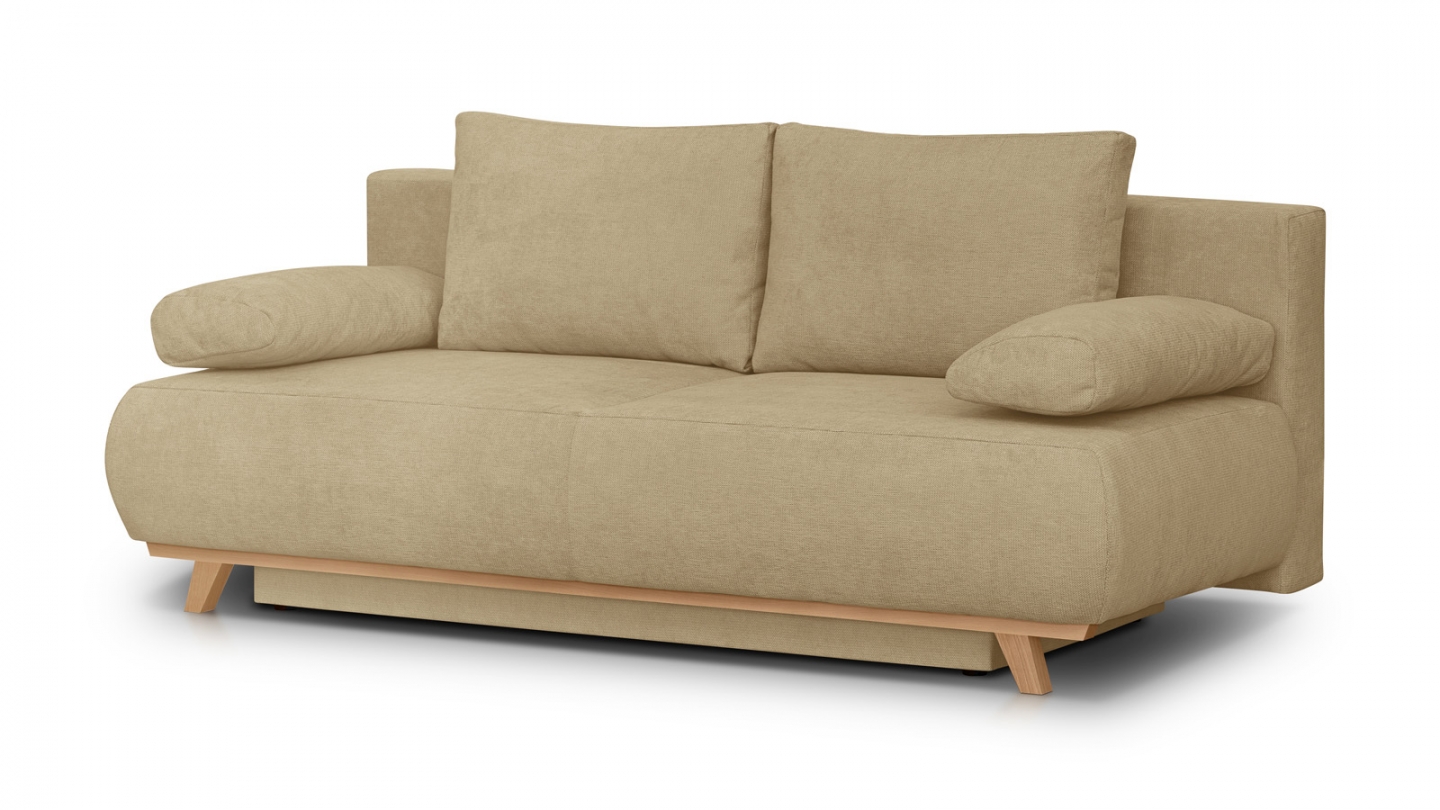 Canapé convertible 3 places avec coffre de rangement en tissu chenille miel - Laria Canapé convertible 3 places avec coffre de rangement en tissu chenille miel - Laria