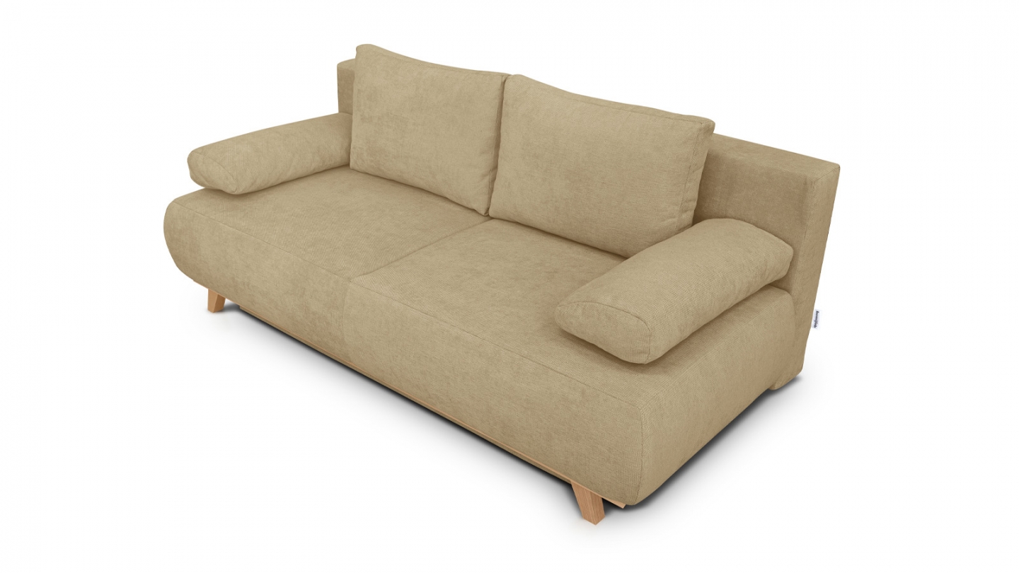 Canapé convertible 3 places avec coffre de rangement en tissu chenille miel - Laria Canapé convertible 3 places avec coffre de rangement en tissu chenille miel - Laria