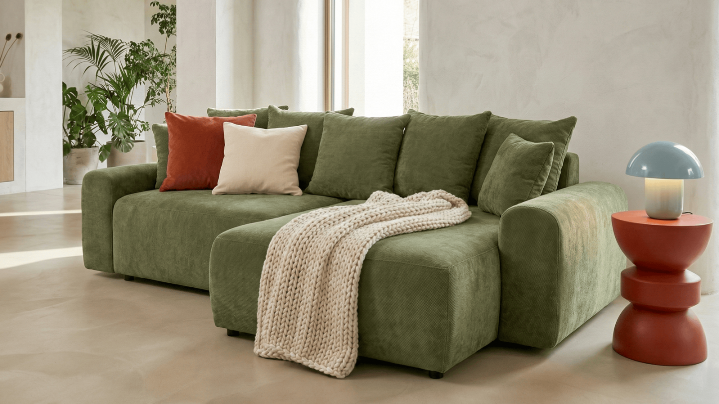 Canapé d'angle convertible réversible 4 places avec coffre de rangement en tissu chenille vert olive - Monceau Canapé d'angle convertible réversible 4 places avec coffre de rangement en tissu chenille vert olive - Monceau