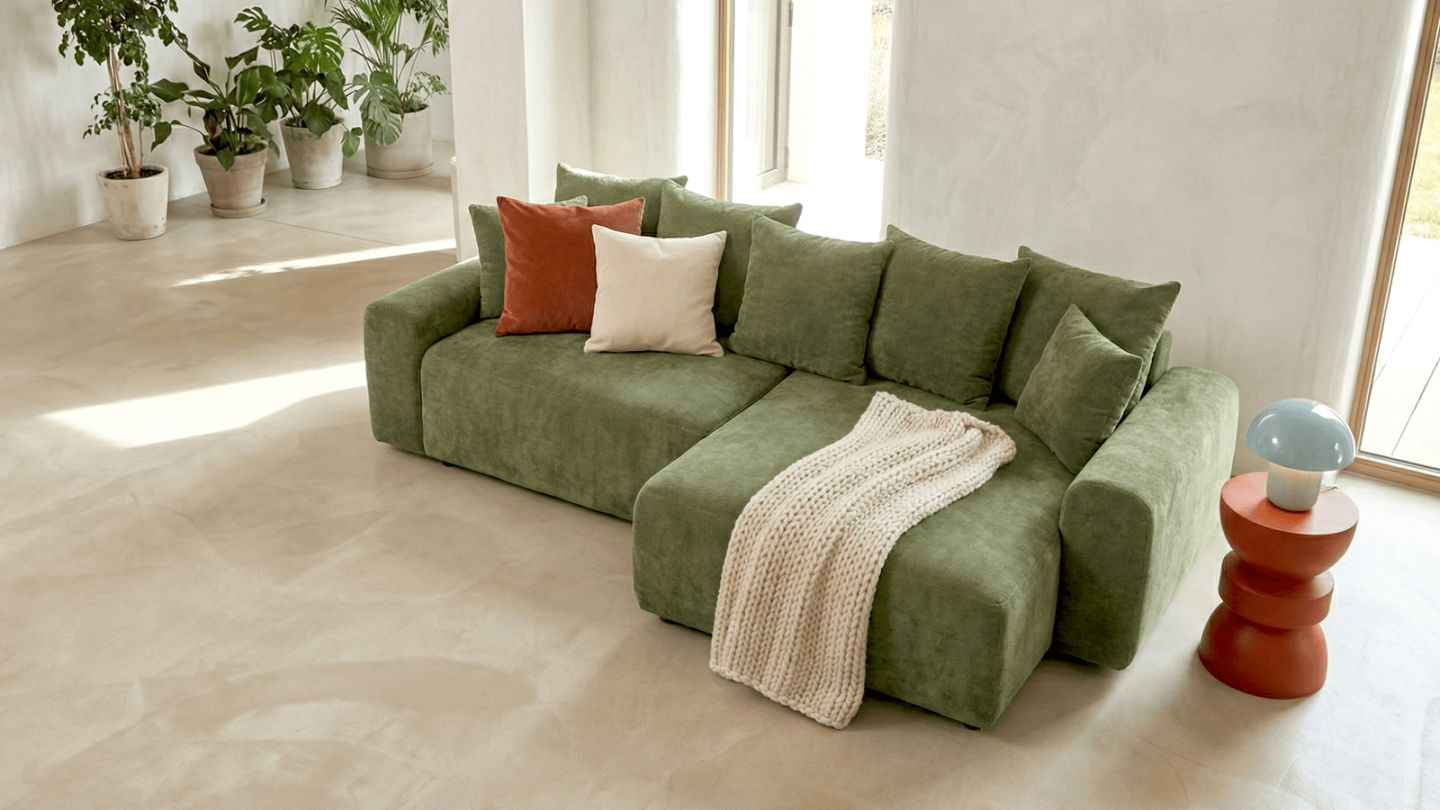 Canapé d'angle convertible réversible 4 places avec coffre de rangement en tissu chenille vert olive - Monceau Canapé d'angle convertible réversible 4 places avec coffre de rangement en tissu chenille vert olive - Monceau