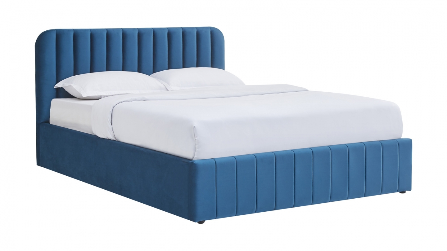Lit coffre adulte 140x190 cm avec tête de lit capitonnée en velours bleu nuit - Ava Lit coffre adulte 140x190 cm avec tête de lit capitonnée en velours bleu nuit - Ava