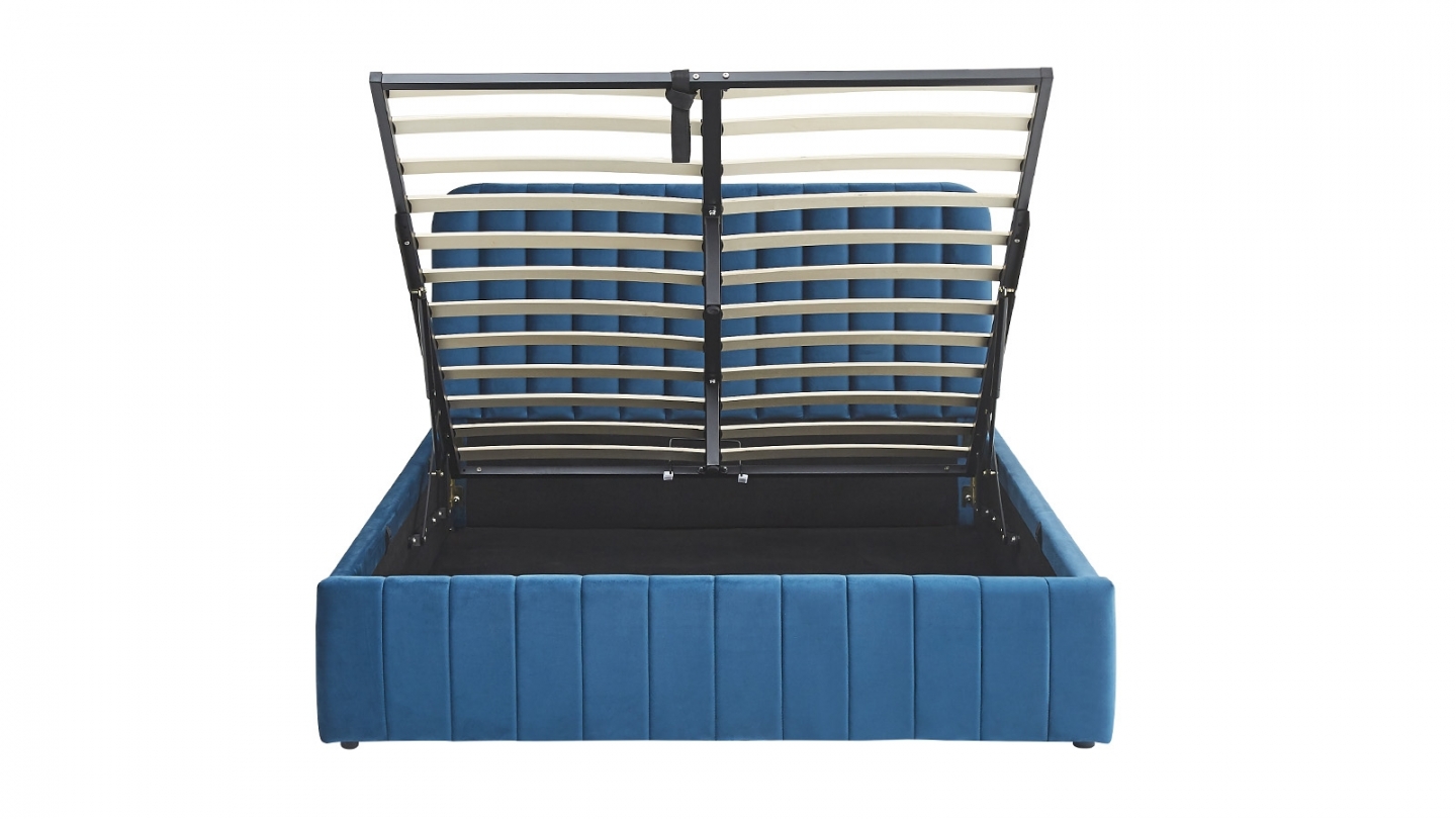 Lit coffre adulte 140x190 cm avec tête de lit capitonnée en velours bleu nuit - Ava Lit coffre adulte 140x190 cm avec tête de lit capitonnée en velours bleu nuit - Ava