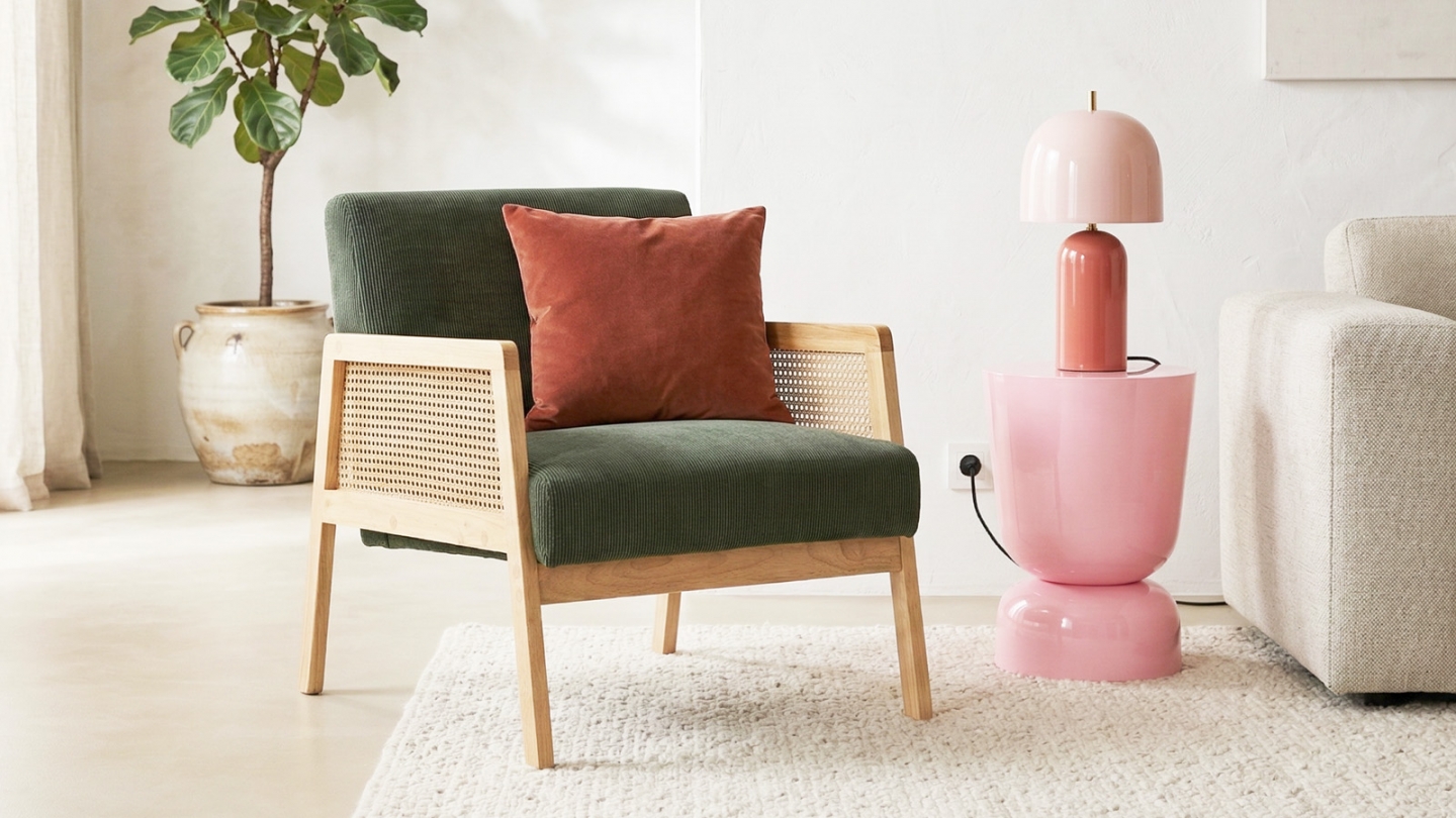 Fauteuil rotin et velours côtelé vert - Mani Fauteuil rotin et velours côtelé vert - Mani