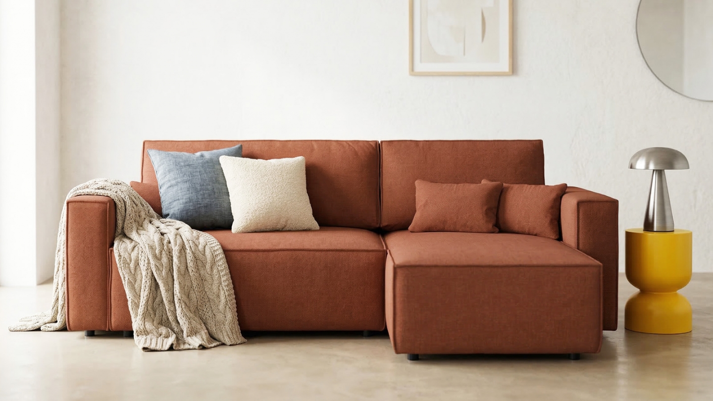Canapé d'angle convertible réversible 4 places avec coffre de rangement en tissu chenille rouille foncé - Livia Canapé d'angle convertible réversible 4 places avec coffre de rangement en tissu chenille rouille foncé - Livia