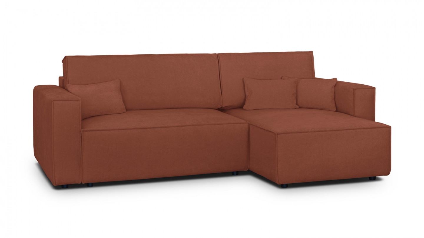 Canapé d'angle convertible réversible 4 places avec coffre de rangement en tissu chenille rouille foncé - Livia Canapé d'angle convertible réversible 4 places avec coffre de rangement en tissu chenille rouille foncé - Livia