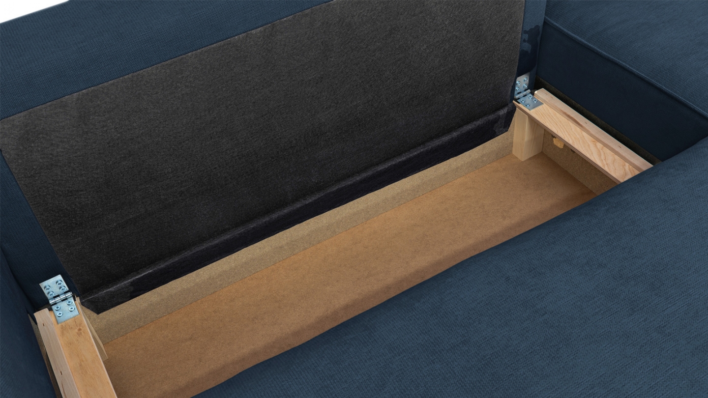 Canapé d'angle convertible réversible 4 places avec coffre de rangement en tissu chenille bleu foncé - Livia Canapé d'angle convertible réversible 4 places avec coffre de rangement en tissu chenille bleu foncé - Livia