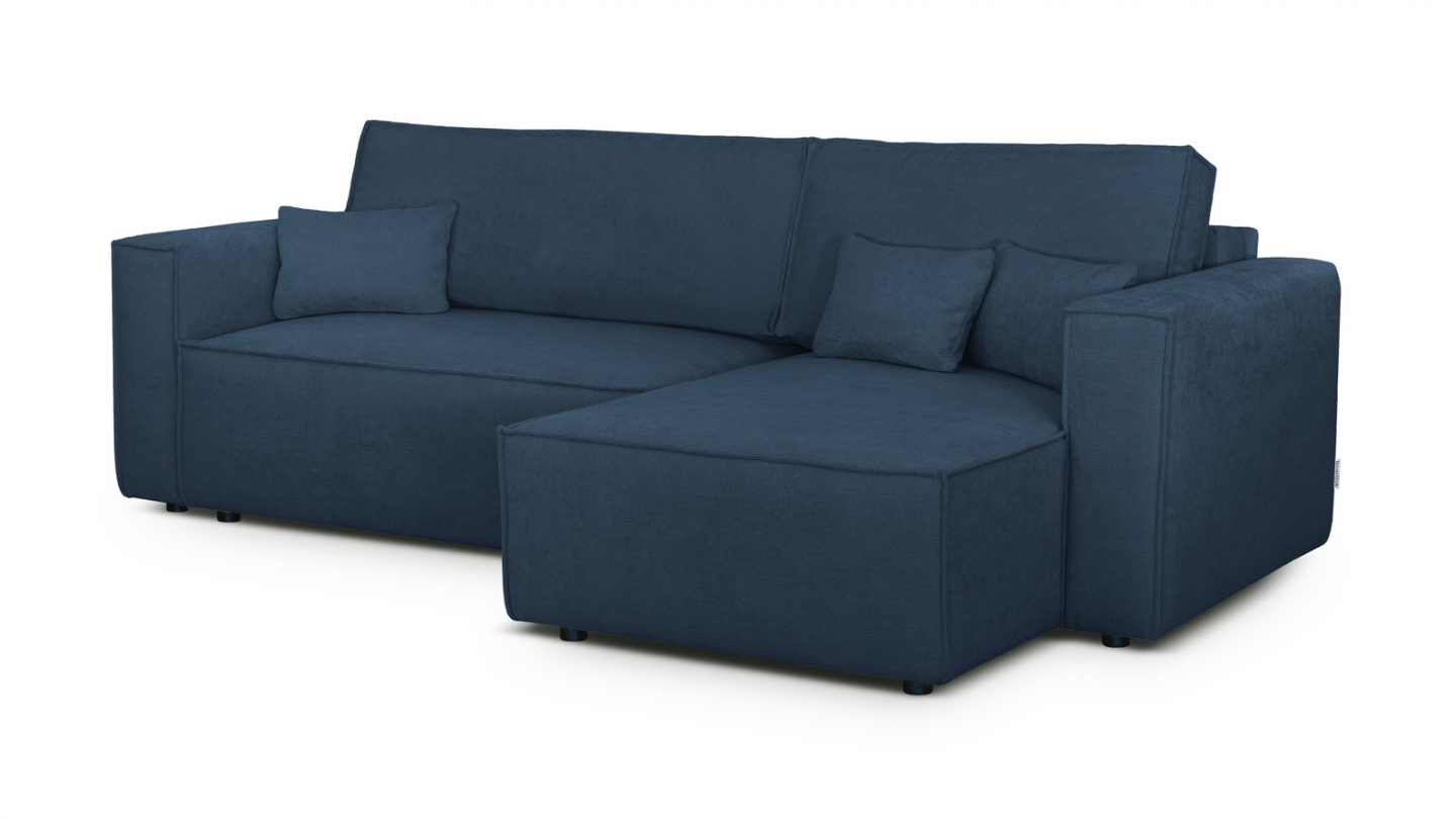 Canapé d'angle convertible réversible 4 places avec coffre de rangement en tissu chenille bleu foncé - Livia Canapé d'angle convertible réversible 4 places avec coffre de rangement en tissu chenille bleu foncé - Livia