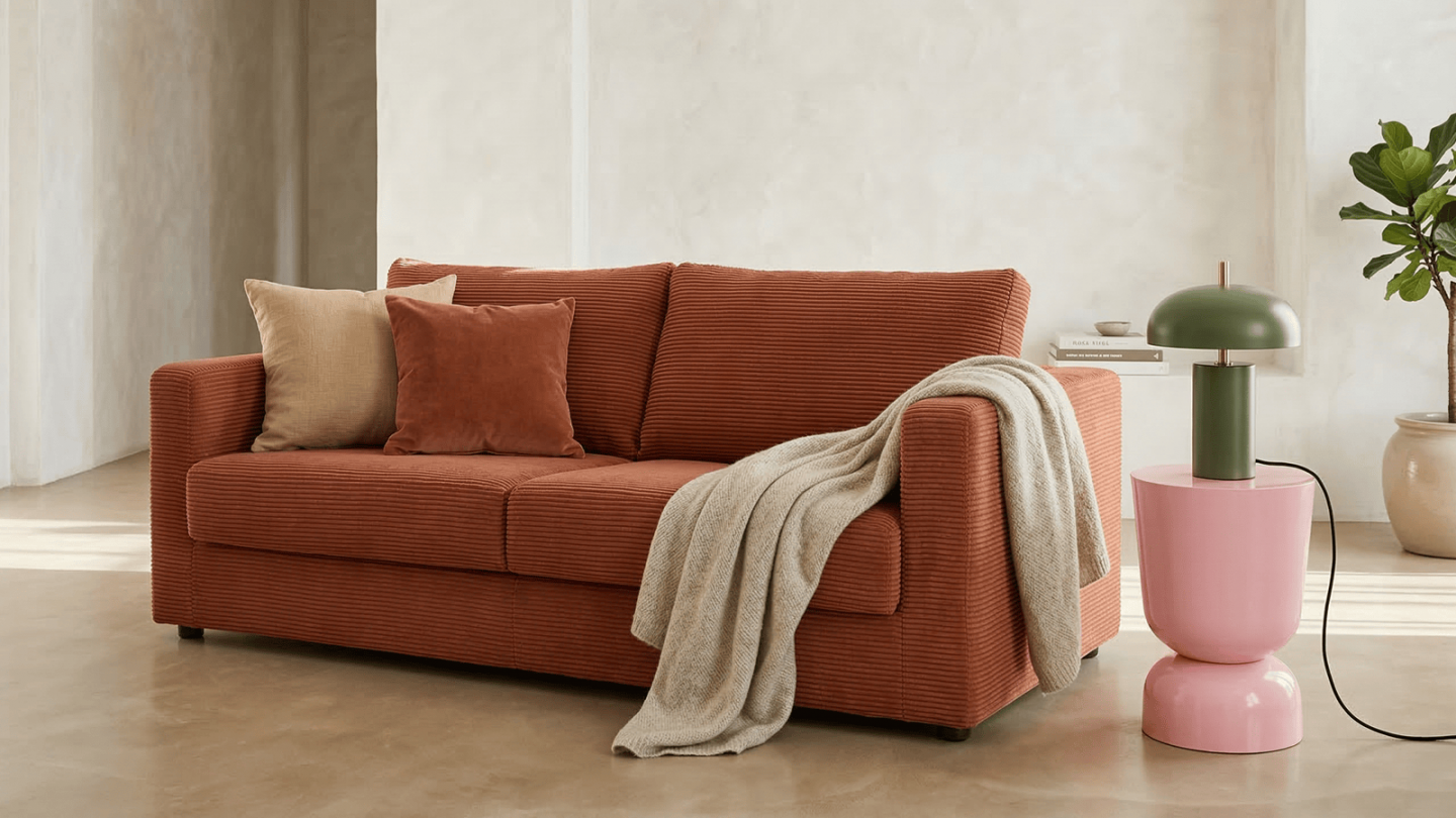 Canapé convertible 3 places en velours côtelé rouille - ouverture semi-express - Silvia Canapé convertible 3 places en velours côtelé rouille - ouverture semi-express - Silvia