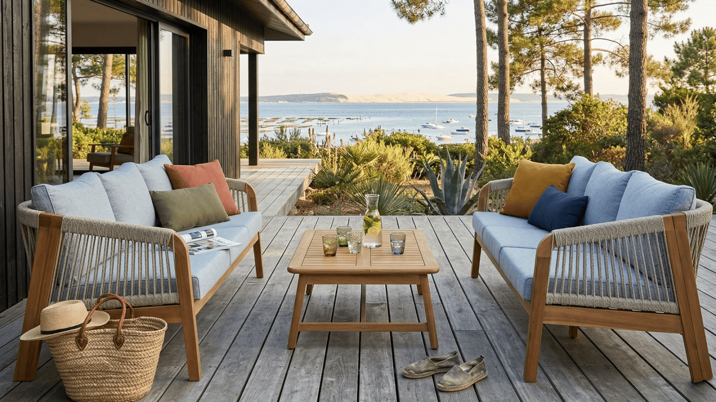 Salon de jardin 6 places en bois FSC - 2 canapes 3 pl. et table basse - Symi Salon de jardin 6 places en bois FSC - 2 canapes 3 pl. et table basse - Symi