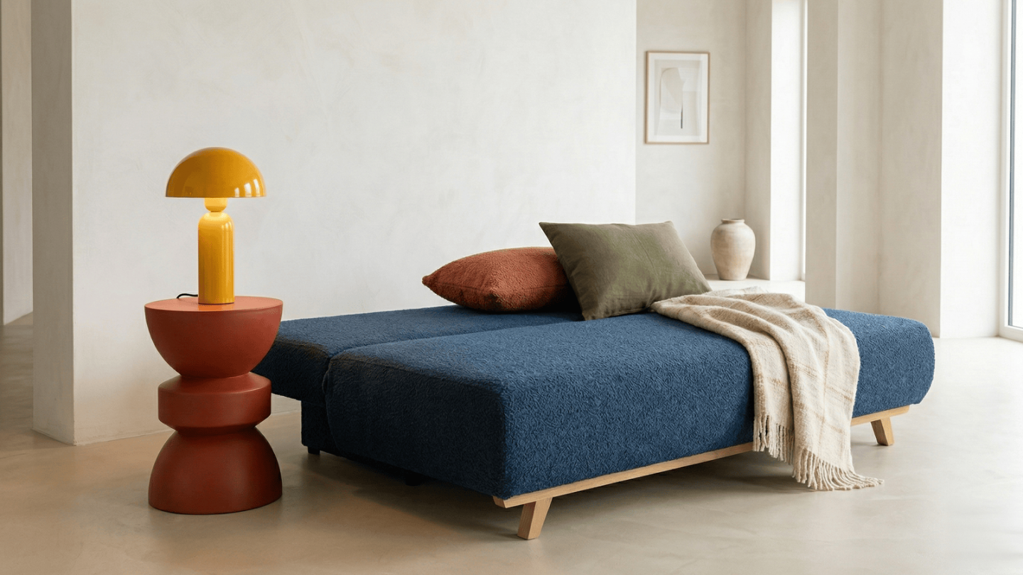 Canapé convertible 3 places avec coffre de rangement en tissu bouclé bleu foncé - Laria Canapé convertible 3 places avec coffre de rangement en tissu bouclé bleu foncé - Laria