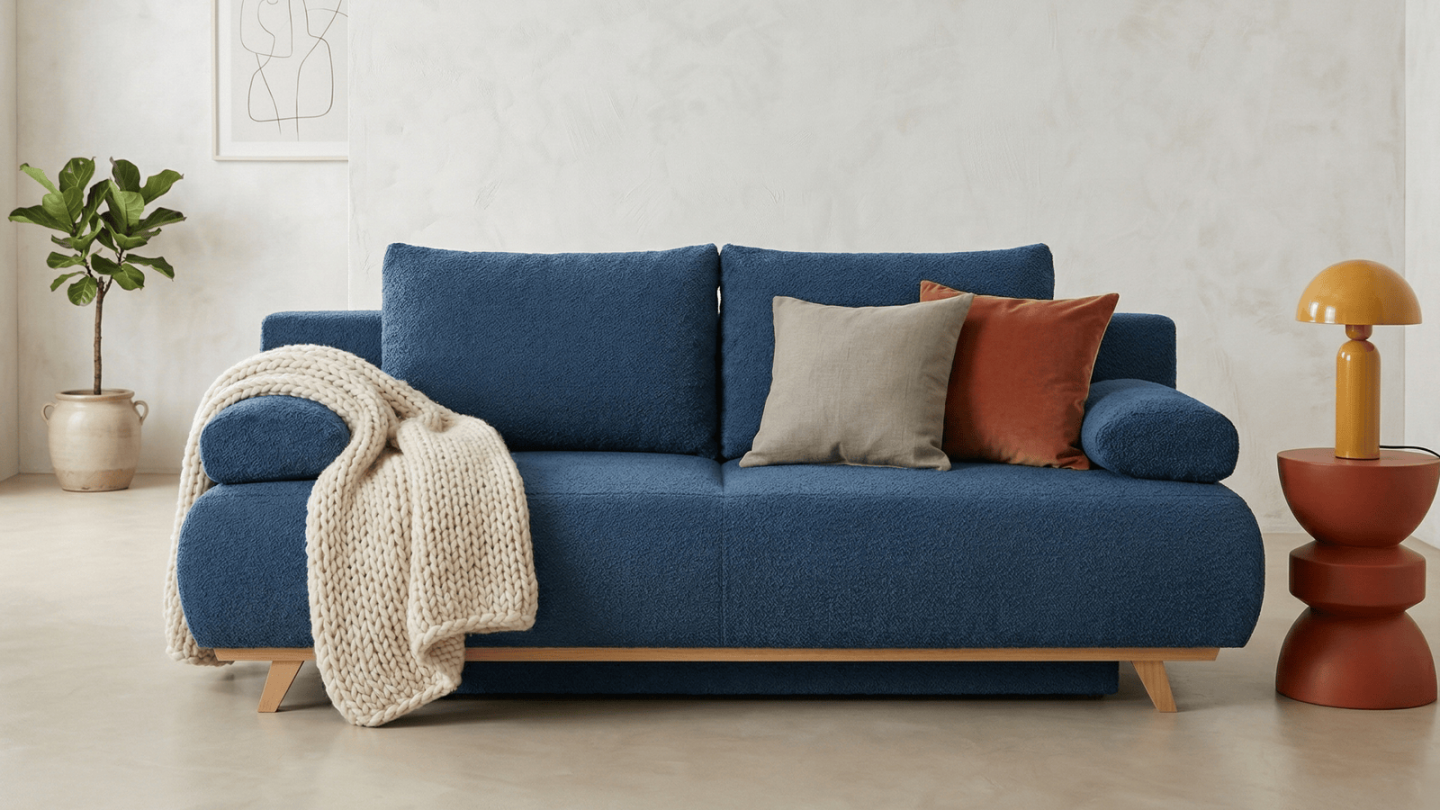 Canapé convertible 3 places avec coffre de rangement en tissu bouclé bleu foncé - Laria Canapé convertible 3 places avec coffre de rangement en tissu bouclé bleu foncé - Laria