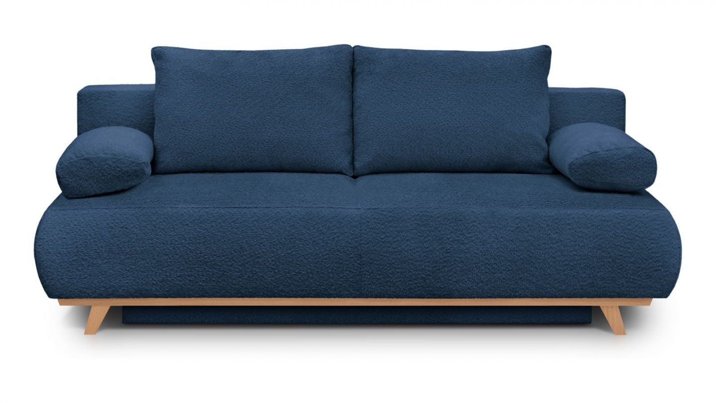 Canapé convertible 3 places avec coffre de rangement en tissu bouclé bleu foncé - Laria Canapé convertible 3 places avec coffre de rangement en tissu bouclé bleu foncé - Laria