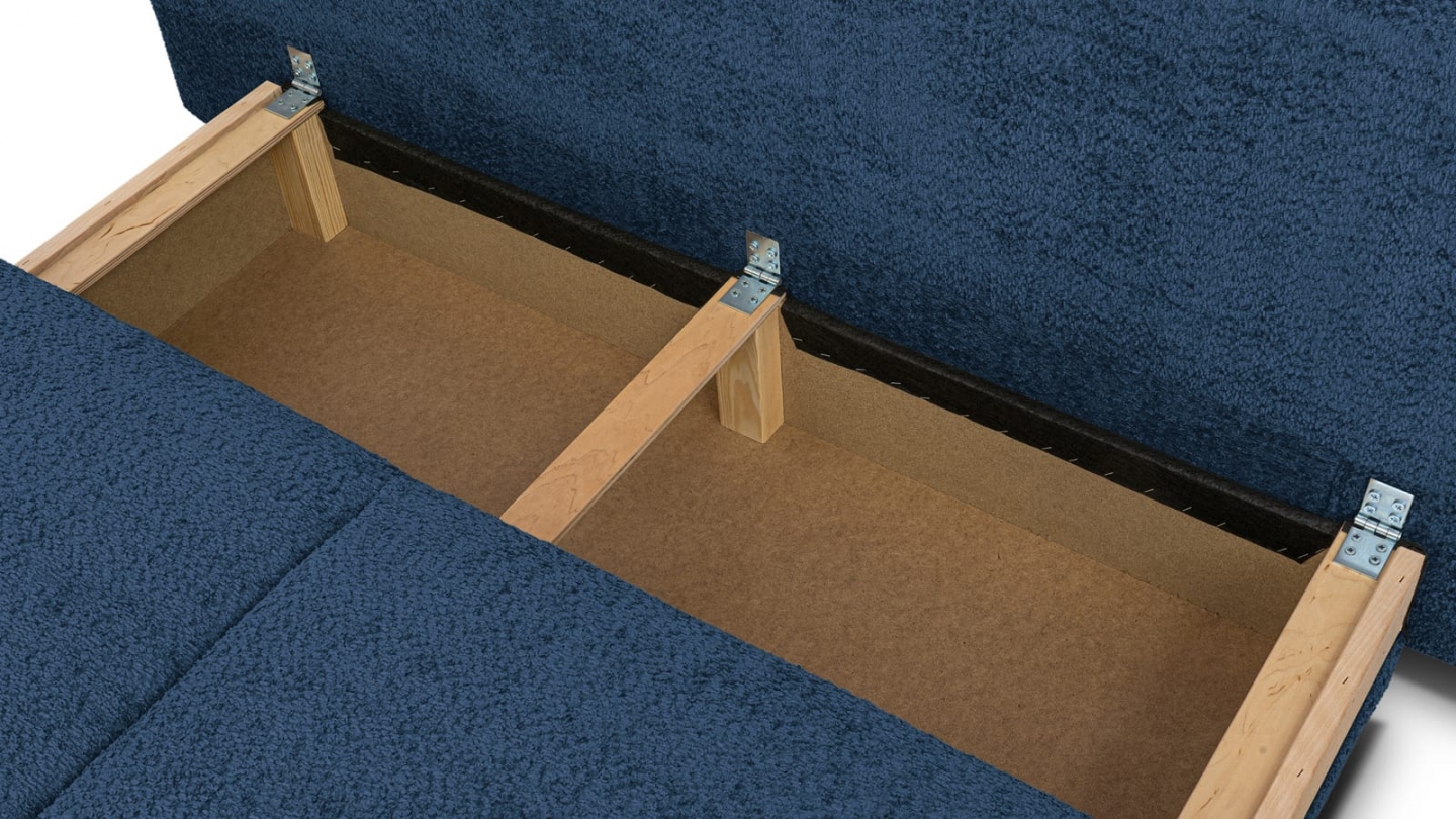 Canapé convertible 3 places avec coffre de rangement en tissu bouclé bleu foncé - Laria Canapé convertible 3 places avec coffre de rangement en tissu bouclé bleu foncé - Laria