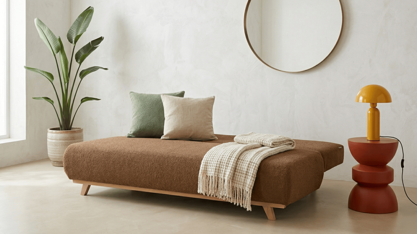 Canapé convertible 3 places avec coffre de rangement en tissu bouclé rouille - Laria Canapé convertible 3 places avec coffre de rangement en tissu bouclé rouille - Laria