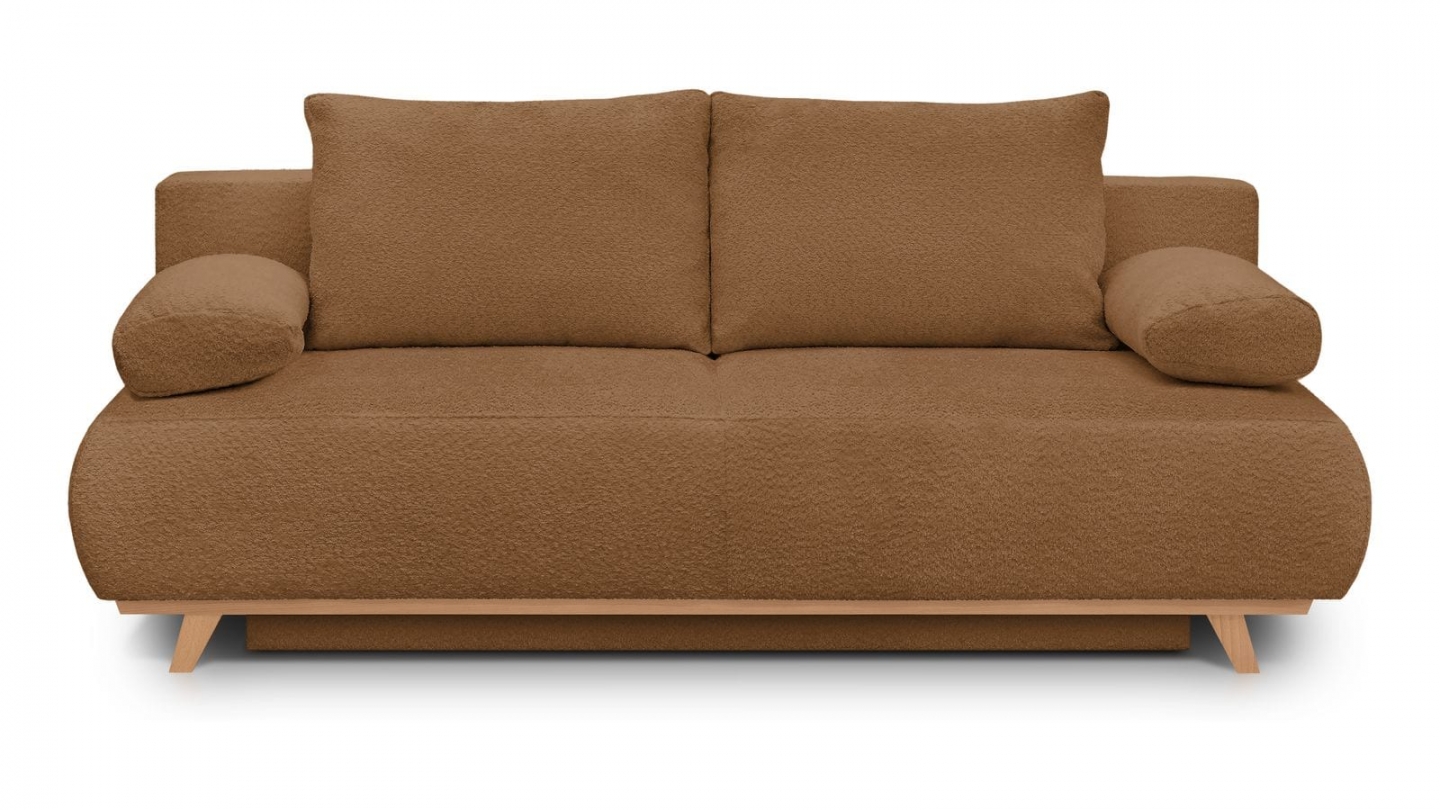 Canapé convertible 3 places avec coffre de rangement en tissu bouclé rouille - Laria Canapé convertible 3 places avec coffre de rangement en tissu bouclé rouille - Laria