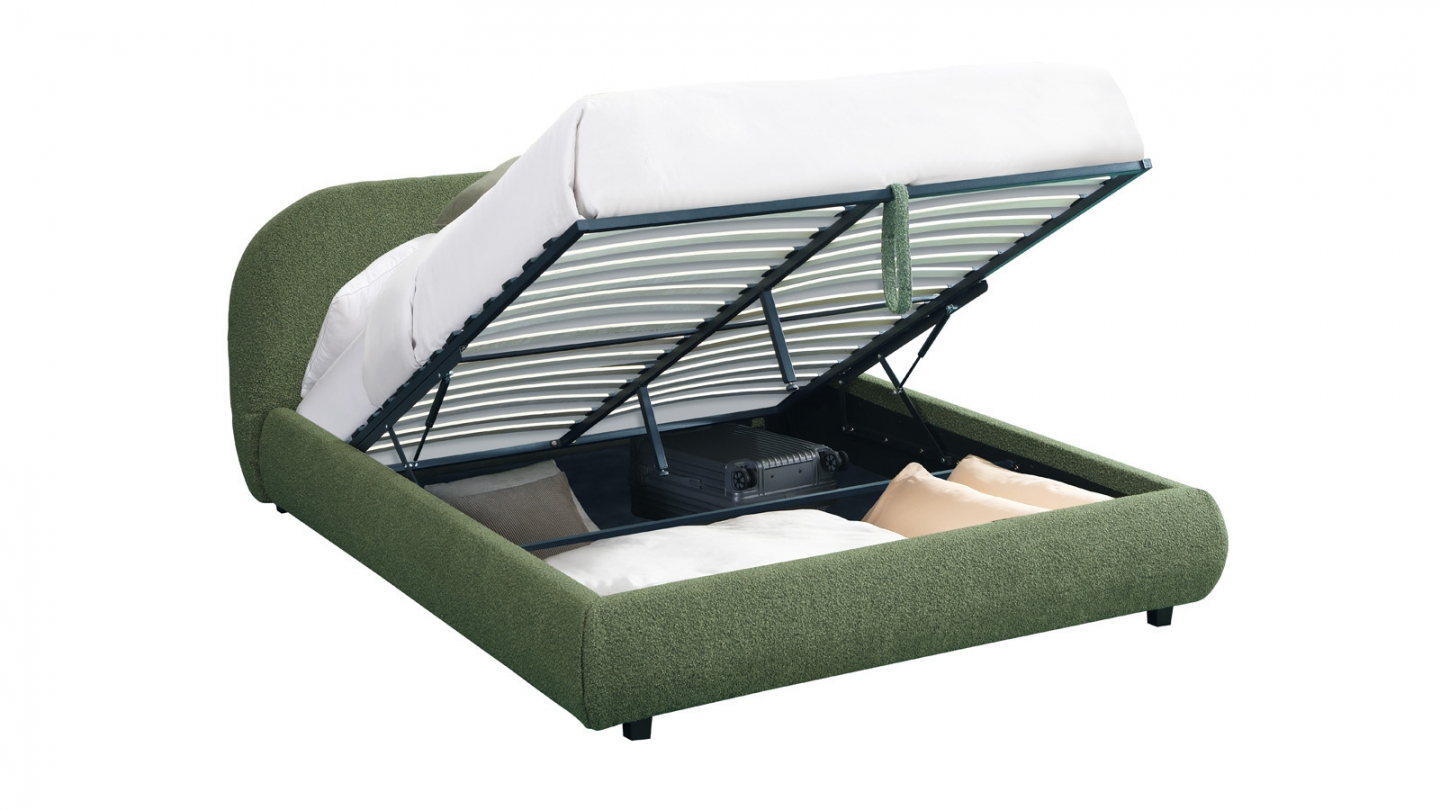 Lit coffre 160x200 cm avec tête de lit matelassée en tissu bouclé vert kaki - Madisson Lit coffre 160x200 cm avec tête de lit matelassée en tissu bouclé vert kaki - Madisson
