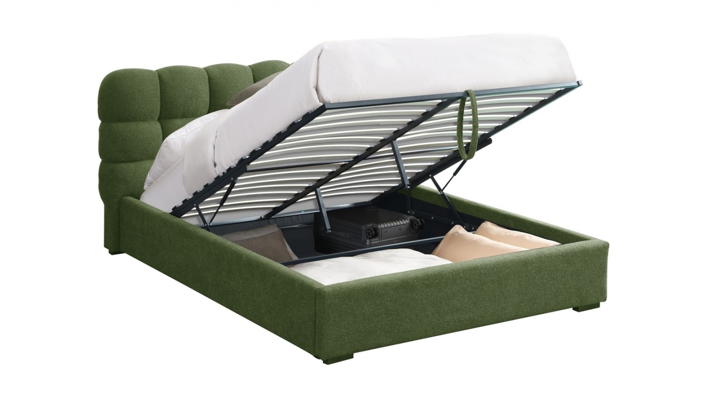 Lit coffre adulte 140x190 cm avec sommier et tête de lit capitonnée en tissu bouclé vert - Lola Lit coffre adulte 140x190 cm avec sommier et tête de lit capitonnée en tissu bouclé vert - Lola