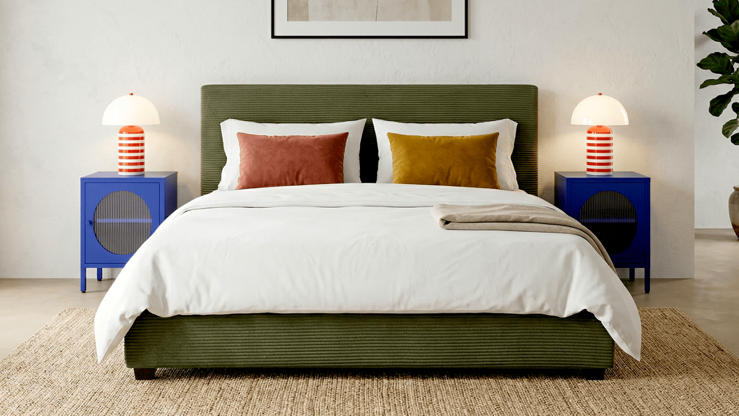 Lit adulte 160x200 cm avec tête de lit capitonnée en velours côtelé vert - William Lit adulte 160x200 cm avec tête de lit capitonnée en velours côtelé vert - William