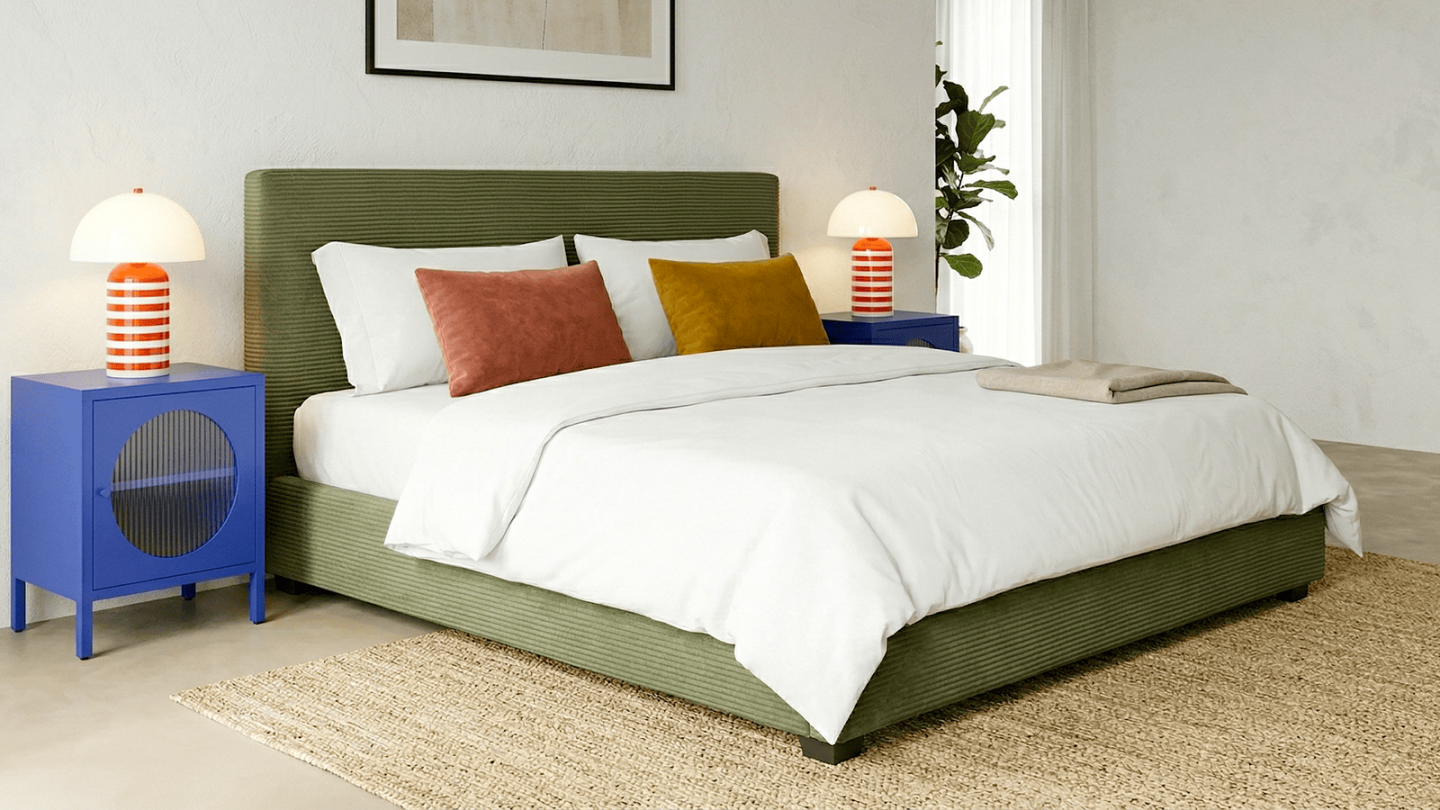 Lit adulte 160x200 cm avec tête de lit capitonnée en velours côtelé vert - William Lit adulte 160x200 cm avec tête de lit capitonnée en velours côtelé vert - William