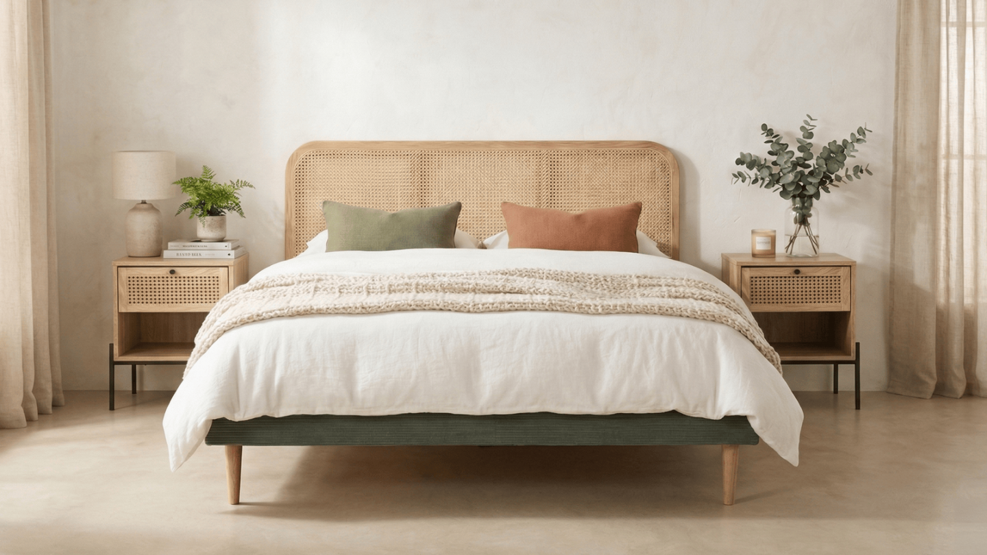 Ensemble Lit adulte 180x200 cm en velours côtelé vert kaki avec tête de lit en cannage Dalia + lot de 2 chevets Iris Ensemble Lit adulte 180x200 cm en velours côtelé vert kaki avec tête de lit en cannage Dalia + lot de 2 chevets Iris