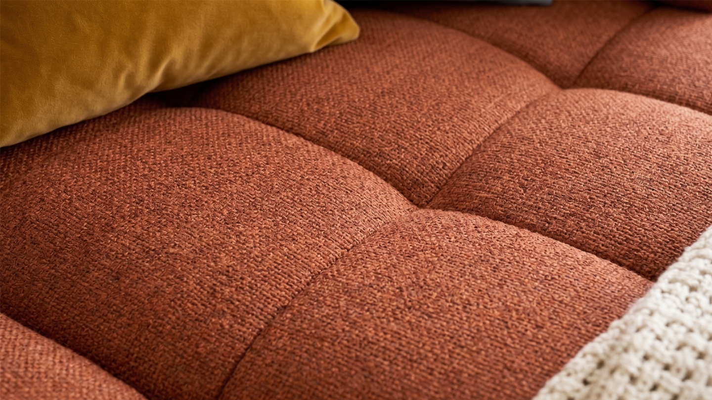 Canapé d'angle à gauche convertible 4 places en tissu chenille terracotta - ouverture rapide - Brera Canapé d'angle à gauche convertible 4 places en tissu chenille terracotta - ouverture rapide - Brera