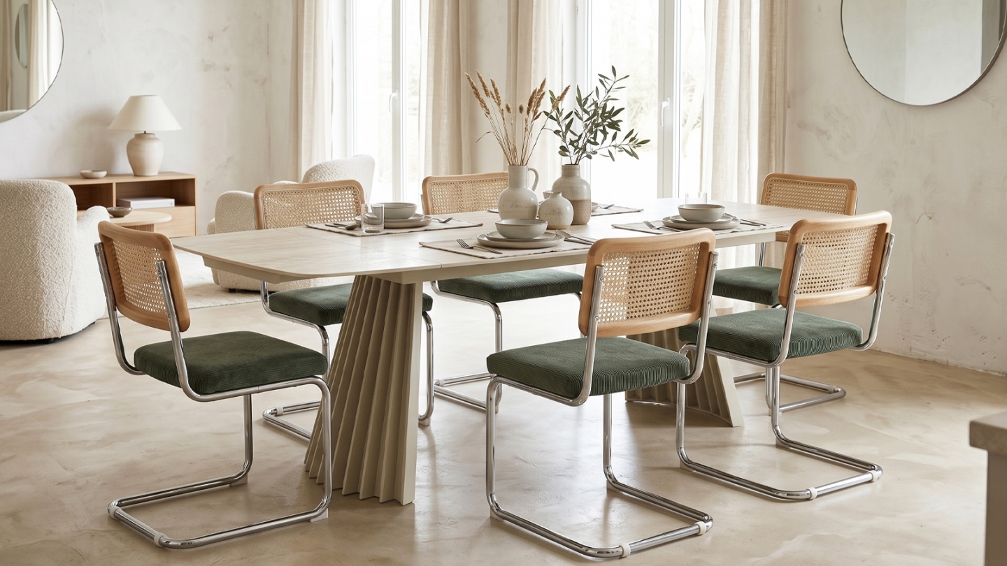 Table à manger rectangulaire extensible 8/12 pers. en céramique effet Travertin et piètement blanc 200/300x100 cm - Bruma Table à manger rectangulaire extensible 8/12 pers. en céramique effet Travertin et piètement blanc 200/300x100 cm - Bruma