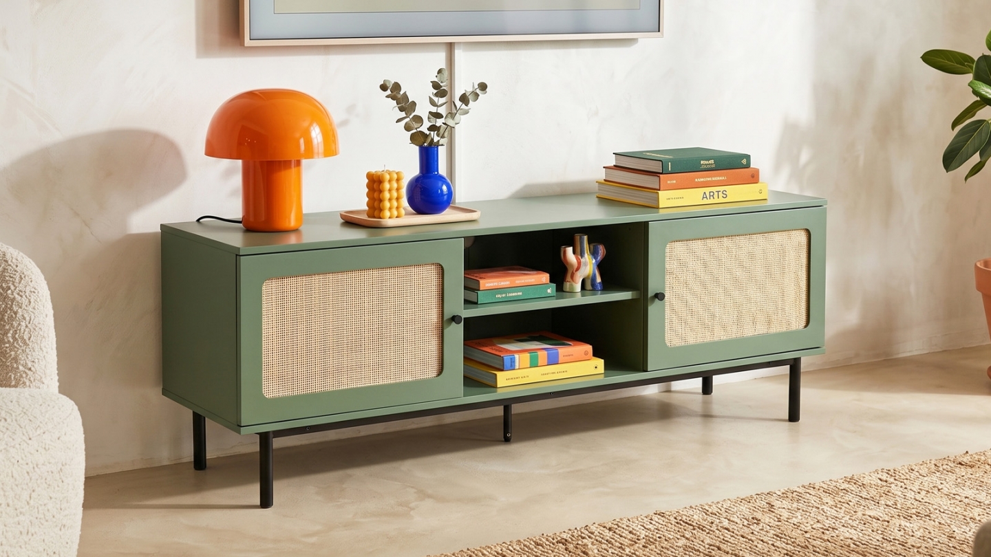 Meuble TV 2 portes bicolore vert / cannage L160xP40HH55 cm - Luma Meuble TV 2 portes bicolore vert / cannage L160xP40HH55 cm - Luma