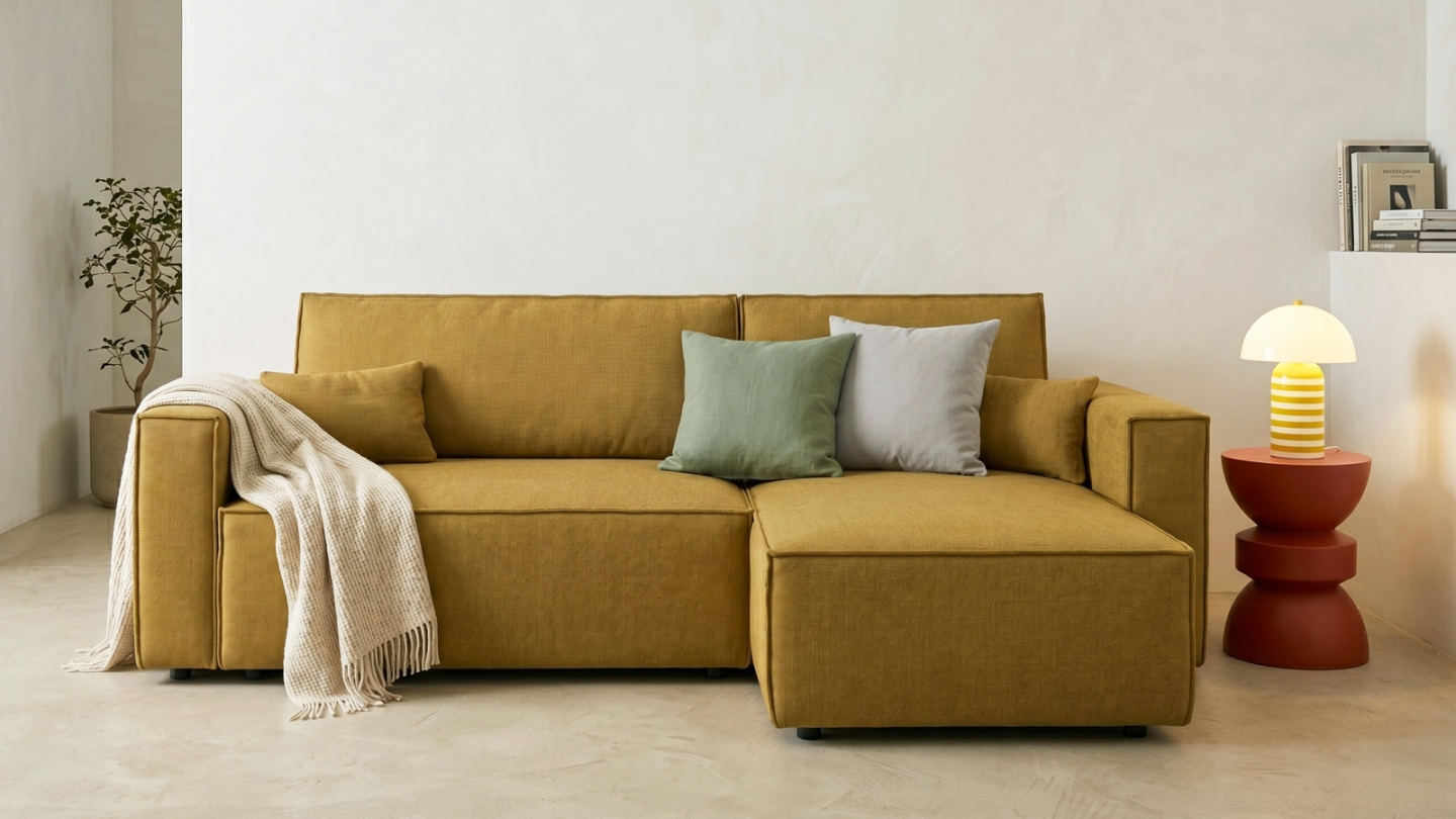 Canapé d'angle convertible réversible 4 places avec coffre de rangement en tissu chenille bronze - Livia Canapé d'angle convertible réversible 4 places avec coffre de rangement en tissu chenille bronze - Livia