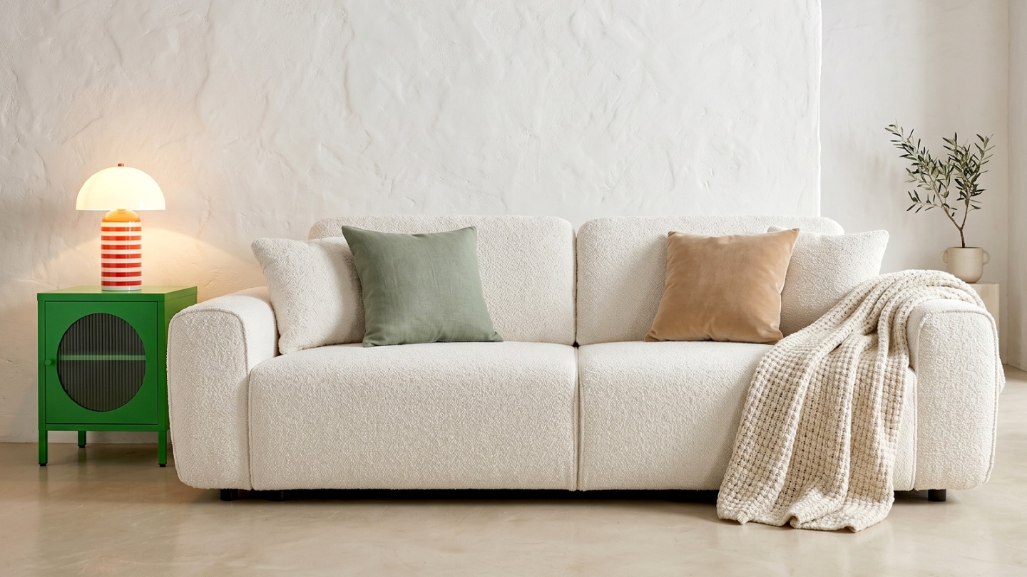Canapé convertible 3 places en tissu bouclé beige - Grazia Canapé convertible 3 places en tissu bouclé beige - Grazia