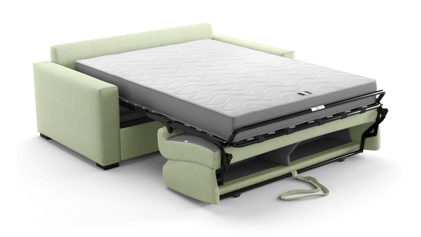 Canapé droit convertible 3 places en tissu chenille vert sauge - ouverture express - Anzio Canapé droit convertible 3 places en tissu chenille vert sauge - ouverture express - Anzio