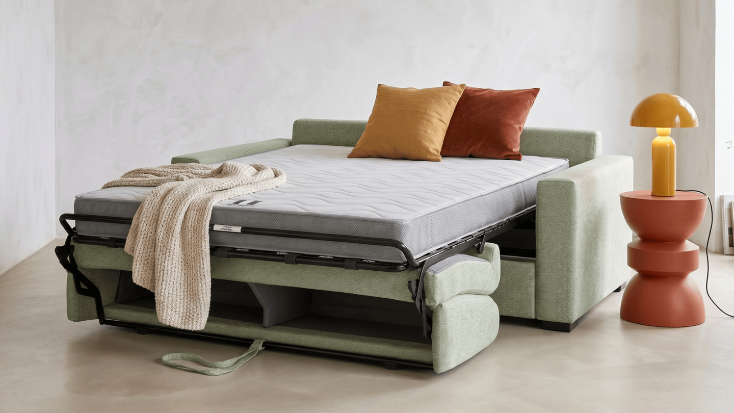 Canapé droit convertible 3 places en tissu chenille vert sauge - ouverture express - Anzio Canapé droit convertible 3 places en tissu chenille vert sauge - ouverture express - Anzio